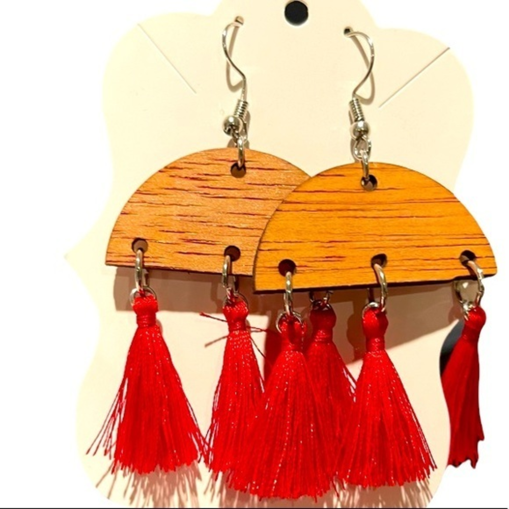 Handmade boho mixed media wood red tassel silver tone hook earrings‎